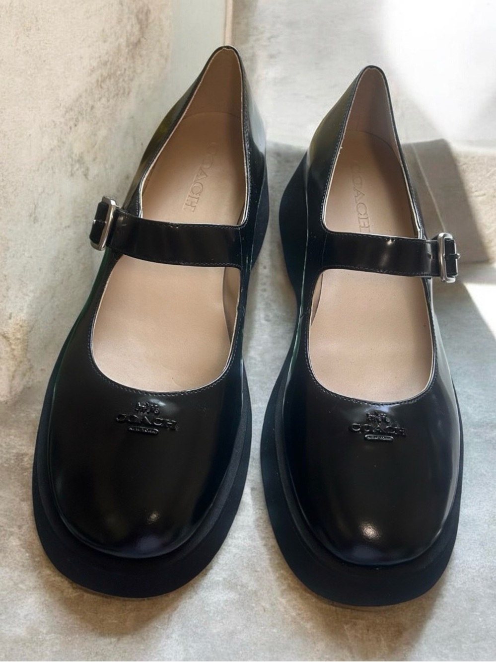 Coach Black Patent Mary Jane Platform Clogs